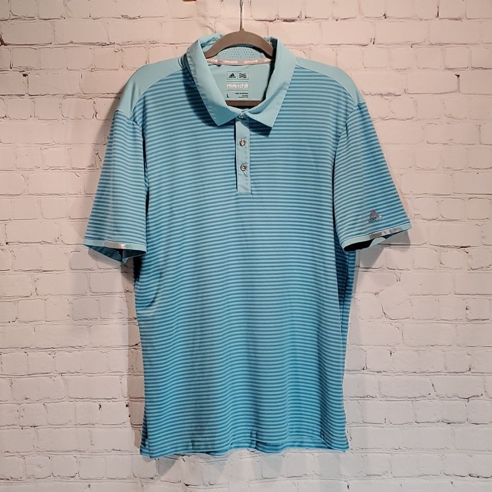 Men's Adidas blue striped climachill golf polo